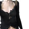 Women´s Crop Tops, Long Sleeve Solid Color Jagged V Neck Lace Hem Button Down Slim Fit Shirt