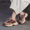 Damen Sneakers aus echtem Leder mit runder Zehenpartie und zunehmender Höhe, modische Freizeitschuhe mit dicker Sohle