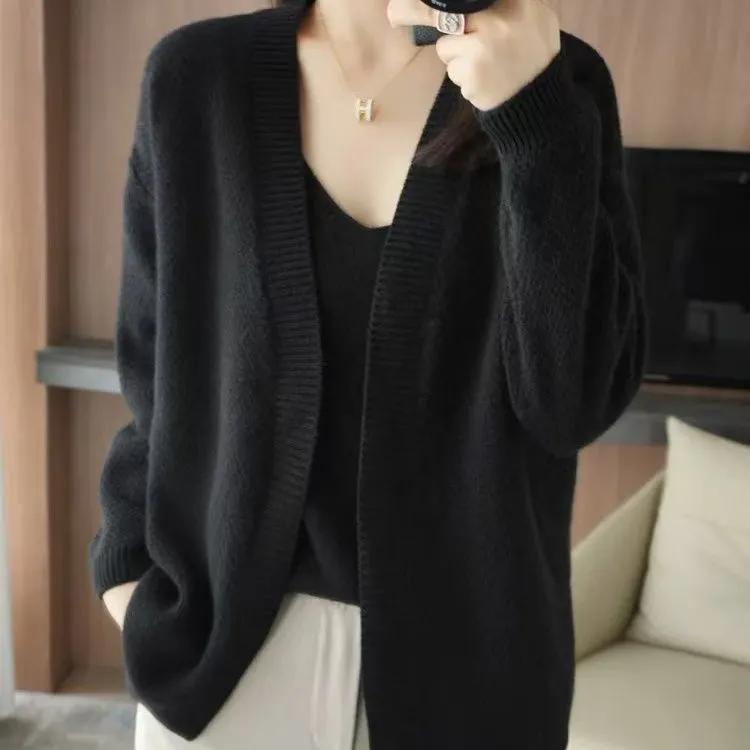 

Женский вязаный свитер с V-образным вырезом на весну-осень, свободный кардиган теплого однотонного цвета для офиса 2XL