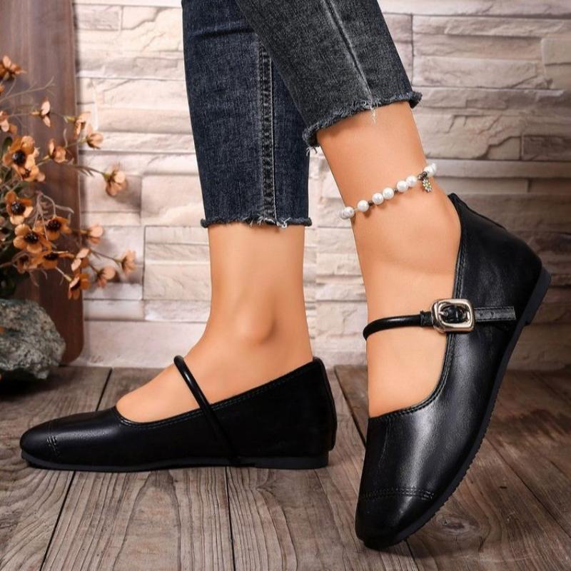 2026 New Fashion Single Shoes Autumn New Square Toe Shallow Mouth Metal Slip Strap Soft Sole Non-slip Wear-resistant Flats