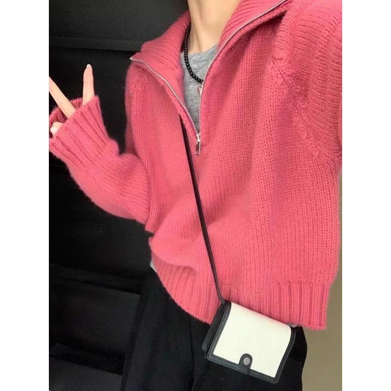 Autumn Winter Long Sleeved Half Zipper Pullover Sweater Turtleneck Fashion Elegant Office Sweet Lapel Loose Tops Casual Knitted Korean Simple Clothing