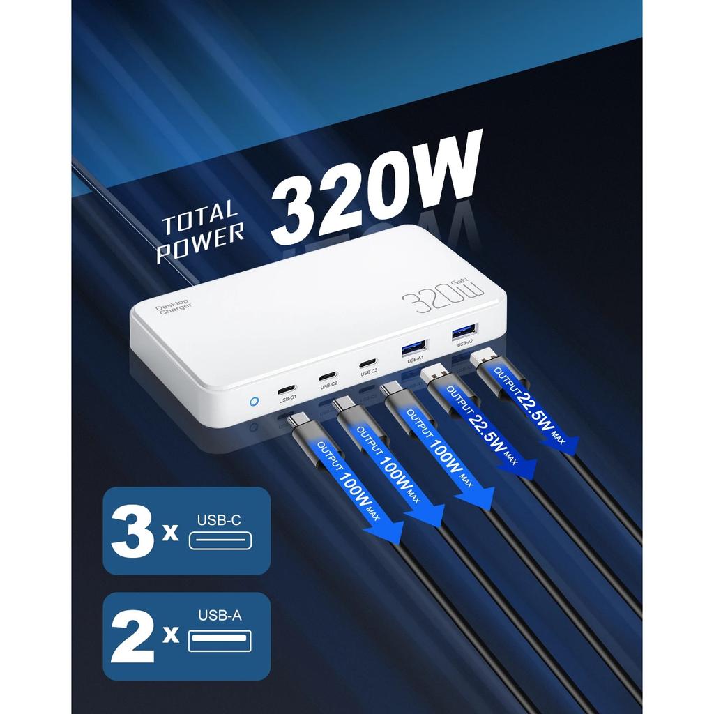 120W PD3.0 GaN USB-C Charger Station for Cellphones, 5-port Fast Charging Hub, Smart Multiple Adapter Device for Iphone Ect