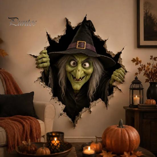 Festive Wall Art for Living Room Halloween Break-in 3D Decals, Illusion Effect Spooky Breaking Through Seasonal Home Accents Sticker, Horror