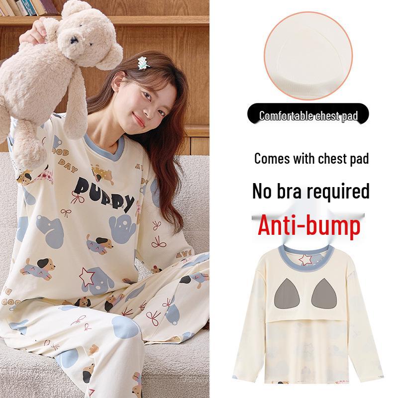 Piżama damska z długim rękawem i nadrukiem w kreskówkowe wzory, z wkładką na klatkę piersiową – uroczy komplet z okrągłym dekoltem do noszenia w domu lub na okrycia wierzchnie wiosną, jesienią i zimą