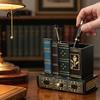 British Style Desk Accessory Wooden Book-Shaped Pen Holder, Retro Organizer with Drawer, Holder Creative Storage Container for Pens Notes Paper Clips