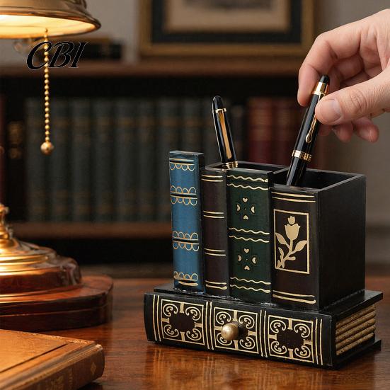 British Style Desk Accessory Wooden Book-Shaped Pen Holder, Retro Organizer with Drawer, Holder Creative Storage Container for Pens Notes Paper Clips