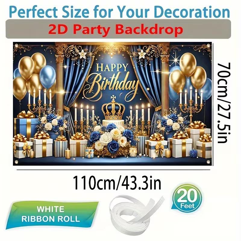 2D Happy Birthday Background Cloth Blue Gold with Candles, Gifts & Glitter Banner
