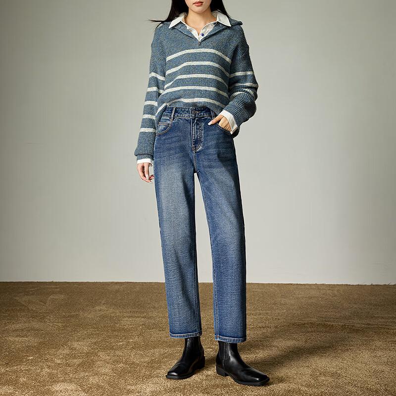 Chuyu Women's 2025 Winter Fleece-Lined Shaping Mid-Low Waist Cropped Jeans
