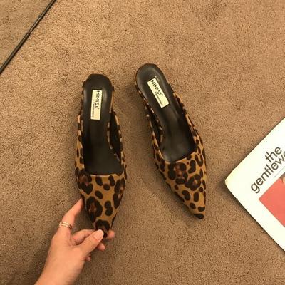 Mocasines informales negros de tacón bajo y fino para mujer, zapatillas de exterior negras con punta puntiaguda y diseño de leopardo, sin cordones