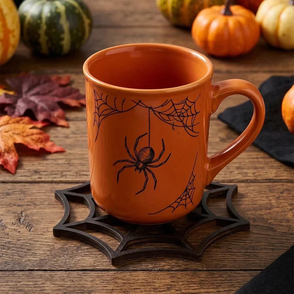 Universal Wooden Coasters Party Desktop Decoration Coaster Table Cup Mat Halloween Spider Web Hollow Heat Resistant Pad