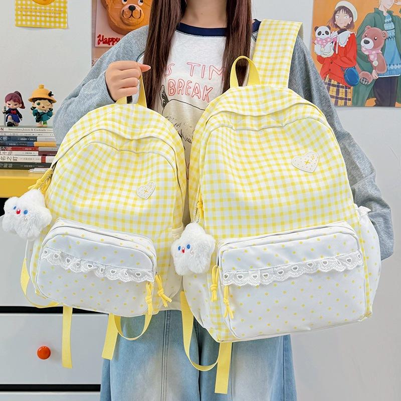 Schoolbag new small fresh plaid lace backpack women's daily versatile large capacity going out commuting student schoolbag backpack