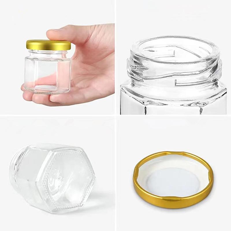 Hexagon Mini Glass Honey Jars 20 Sets Honey Bottle with Lid and Stirring Stick Blueberry Jam Container for Party Guests Gifts