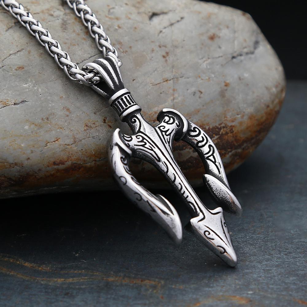 Collier Pendentif Trident de Poséidon en Acier Inoxydable Vintage pour Hommes Mode Colliers Trident Grec Amulette Bijoux Cadeau
