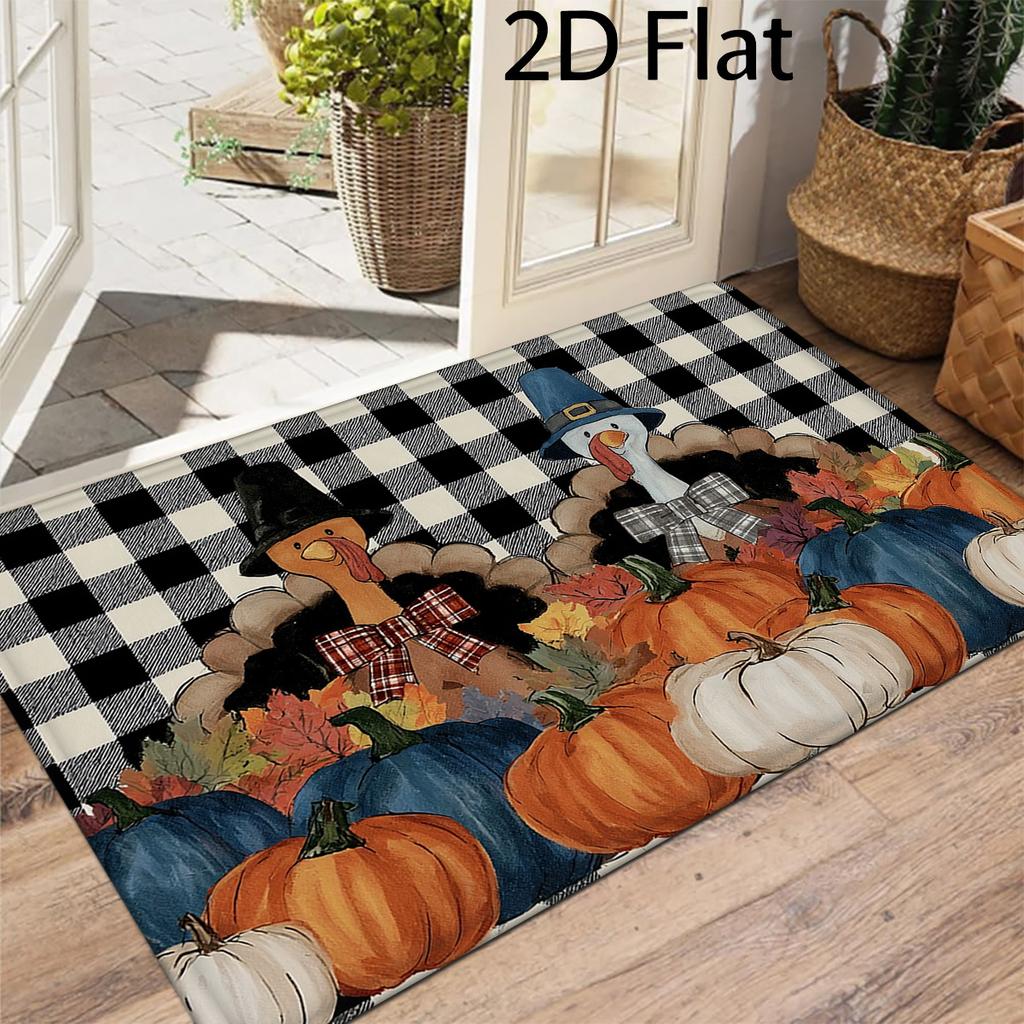 2D Flat Autumn Harvest Buffalo Check Welcome Mat, Non-Slip Front Door Mat, Turkey Pumpkin Entrance Rug, Maple Leaf Porch Holiday Decor, Indoor Outdoor