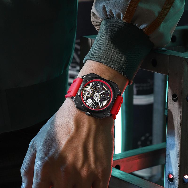 Square Dial Automatic Tourbillon Watch for Men Mechanical Skeleton Tourbillon Mens Watches Rubber Strap Top Brand Luxury