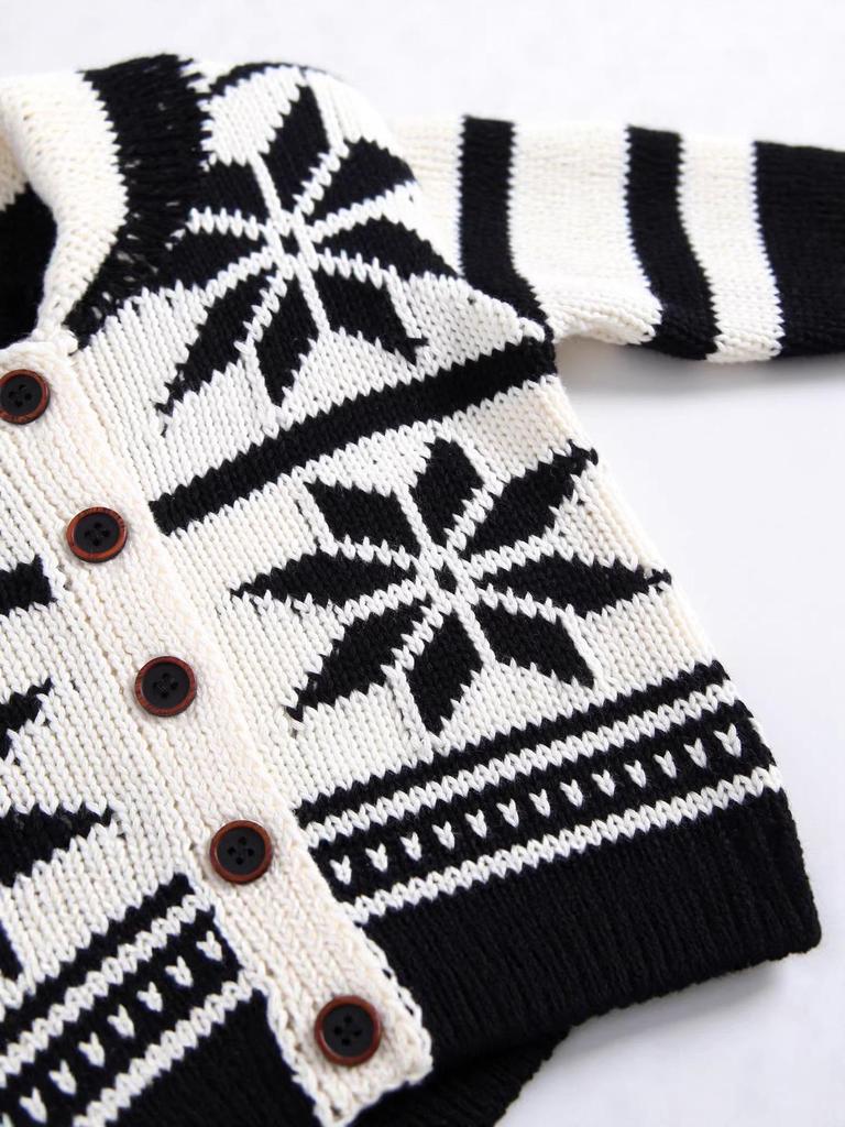 Unisex Baby Jacquard Color Block Lapel Cardigan: Thickened Knitted Outerwear for Infants and Toddlers