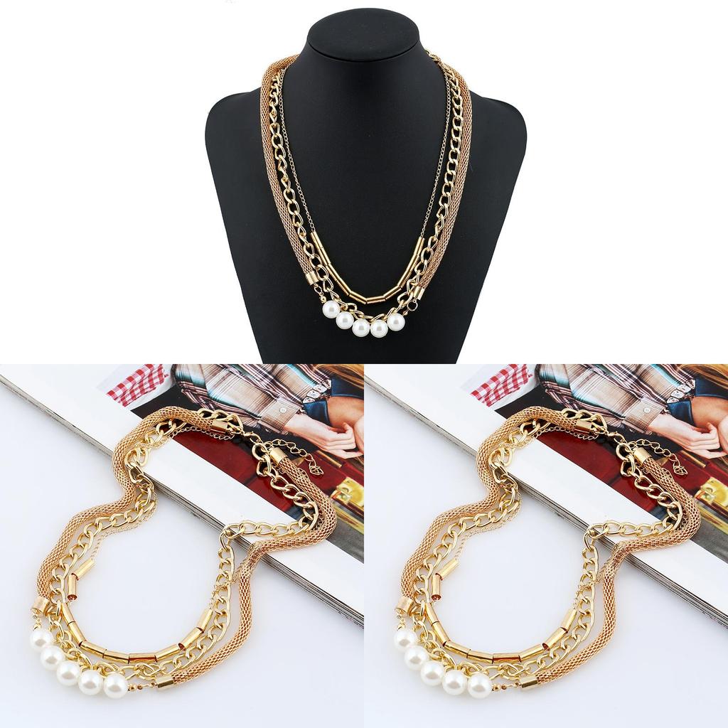 Pearl Layered Necklace For Women With Geometric Design And Water Wave Chain For Gifts And Travel