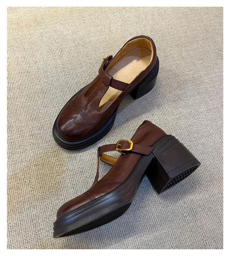 Cowhide model~ thick-soled Mary Jane single shoes women's black leather shoes high heels thick heel retro height-increasing small leather shoes