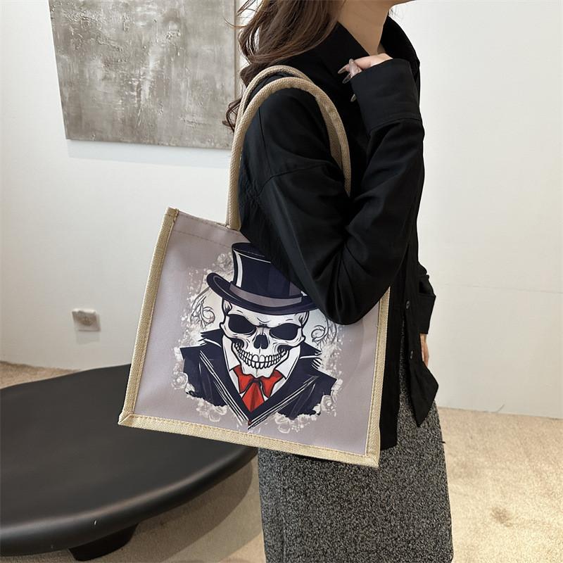 Stylish Urban Skull Canvas Tote Bag For Women Large Capacity Fashionable Design