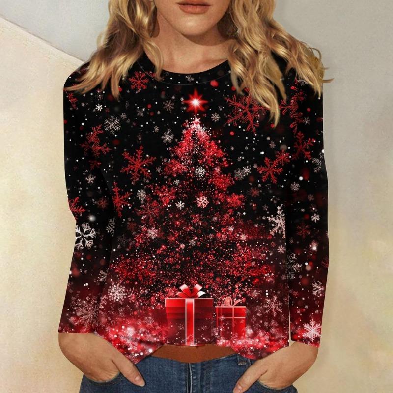 Women's 3D Christmas Snowflake Gradient Print Round Neck Long Sleeve T-shirt Casual Long Sleeve Top Party Loose Women's Top