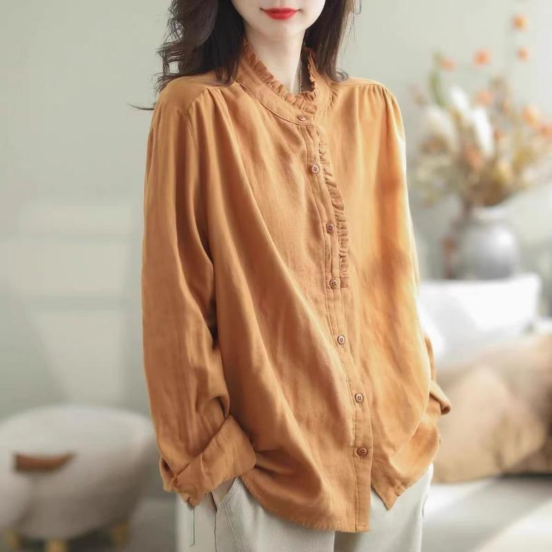 Women Stand Collar Button Front Long Sleeve Linen Shirt Loose Breathable Casual Blouse