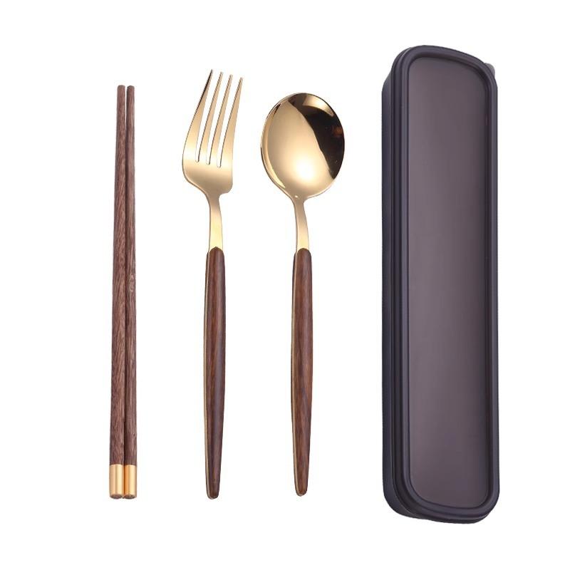 Stainless Steel Portable Tableware Wooden Chopsticks Spoon Fork Set Student Outdoor Picnic Convenience Box Three-piece Set