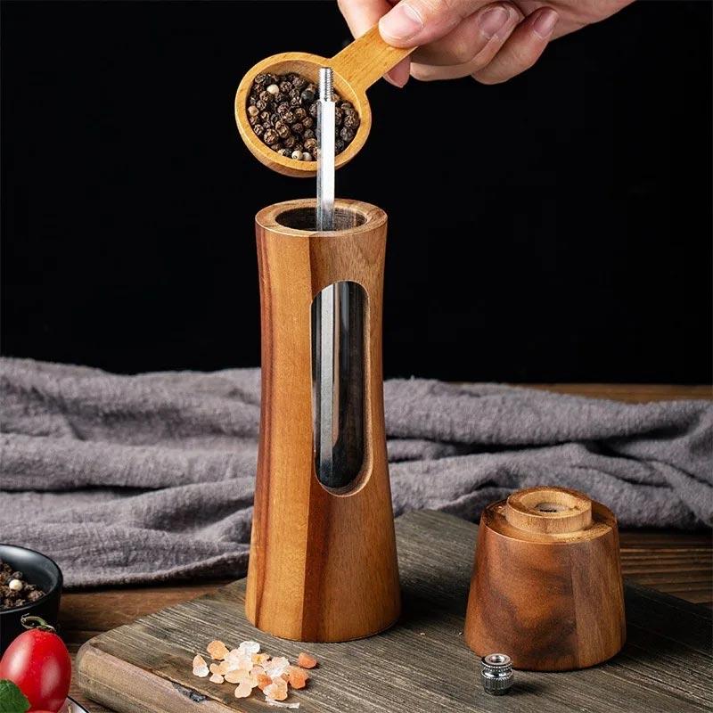 8inch Acrylic Salt and Pepper Grinder Set With Wood Base,Transparent Window,Solid Wood Sea Salt Spice Shaker Pepper Mill Sets