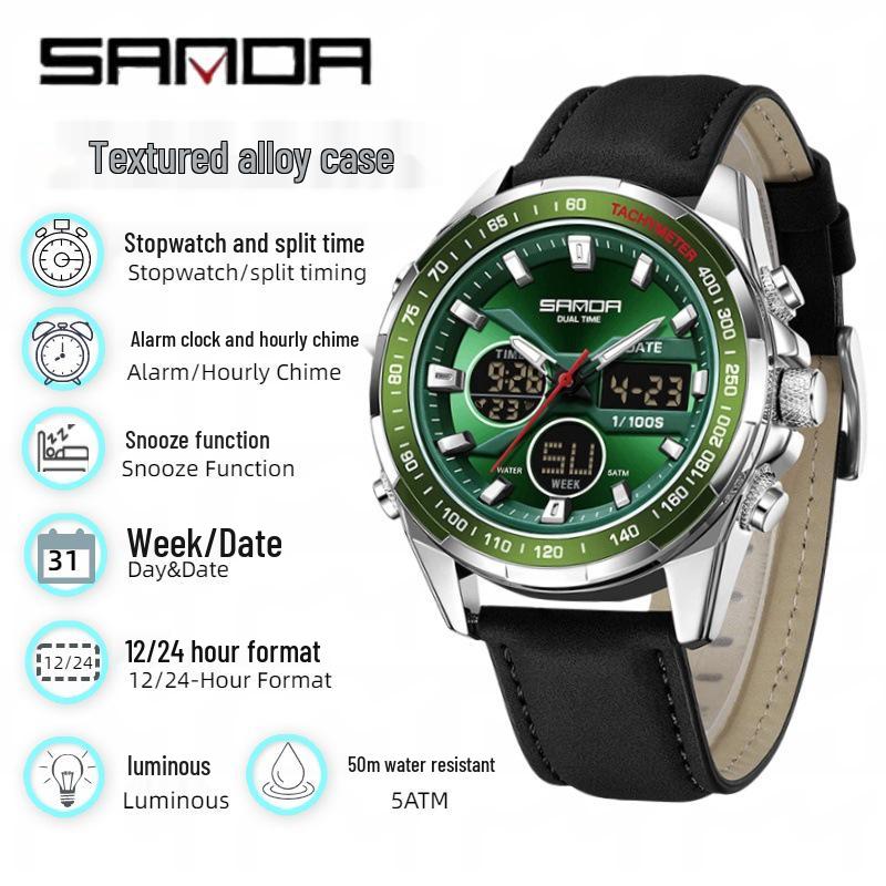 Sanda Men's Waterproof Dual Display Multi-Function Watch with Timer, Snooze, and Night Light.