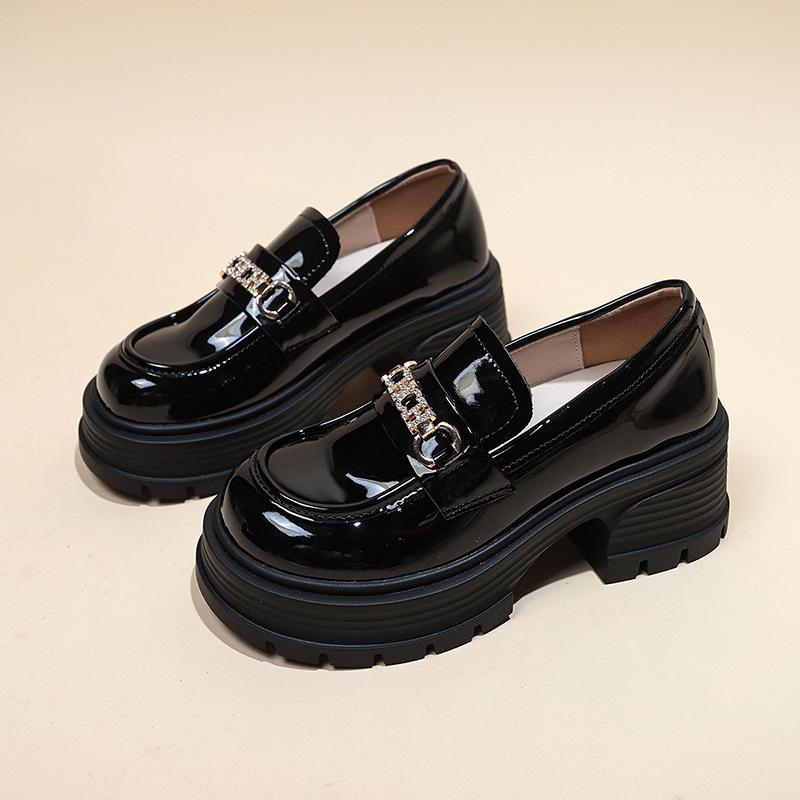 Platform Women's Spring and Autumn Models Versatile High-heeled Single Shoes Rhinestone Buckle Black Small Leather Shoes