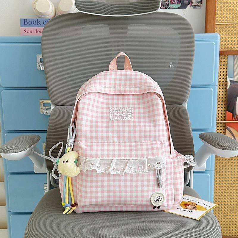 Schoolbag Korean fresh plaid corrugated backpack girl heart lace small schoolbag girls junior high school students female commuter bag