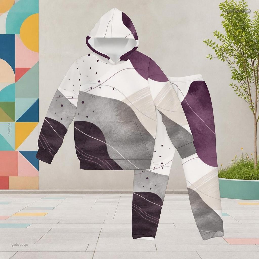 Girls Black White Printed Hooded Long Sleeve Top And Cuffed Pants Two Piece Set