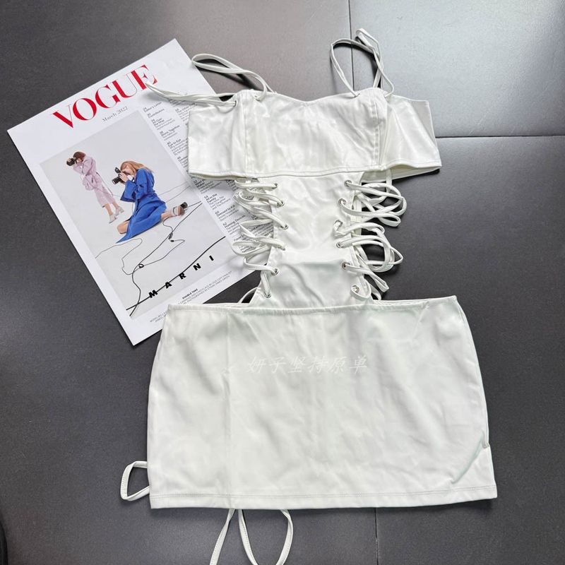 

Foreign Trade Simple Original Single Fashionable Gyaru Style PU Leather Sling Open Waist Low Waist Sexy Sling Dress White PU leather Dress L