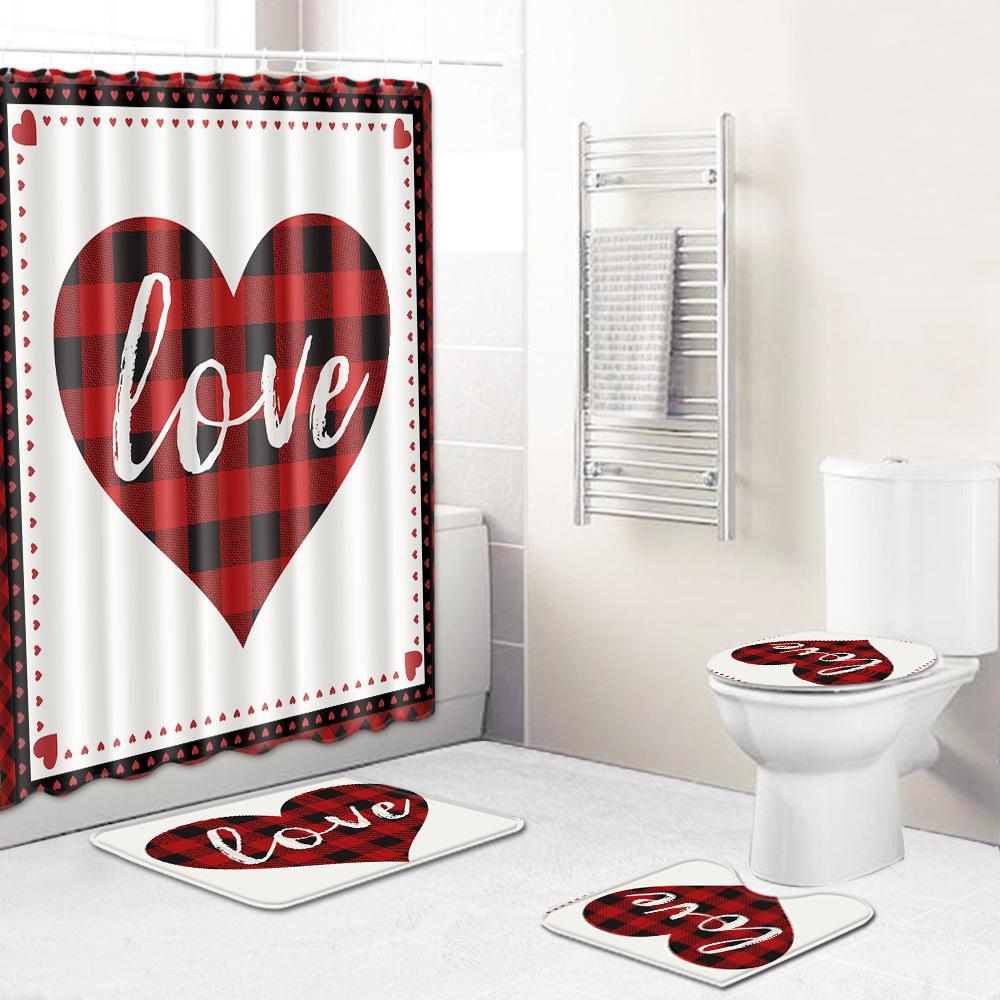 Valentine'S Day Toilet Shower Curtain Four-Piece Printed Floor Mat Set Bathroom Floor Mat Bedroom Absorbent Door Mat Carpet