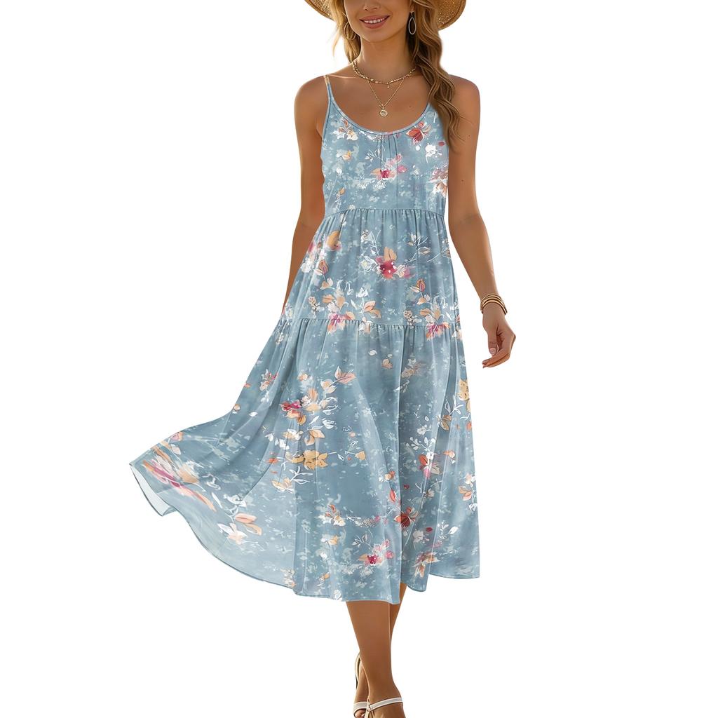 Sleeveless Printed Maxi Dress with Adjustable Spaghetti Straps Lightweight Flowing Fabric Bohemian Style