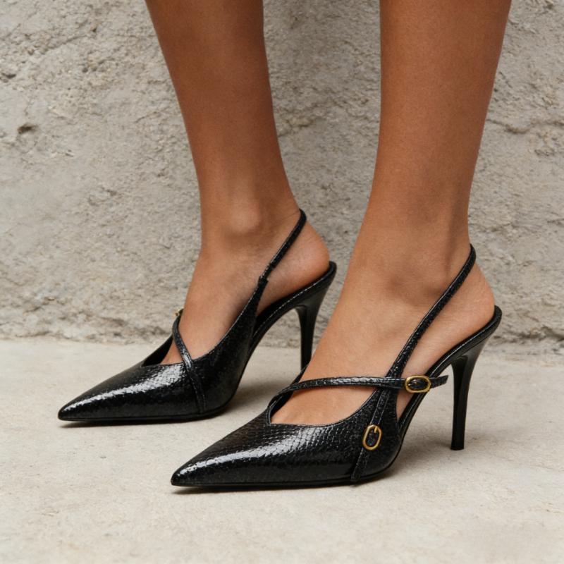 Women Black Pointed Toe High Heel Pumps Slingback Cross Strap Evening Party Shoes Comfortable Ankle Buckle Dress Shoes
