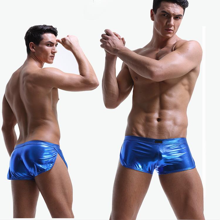 Sexy Men Boxers Shorts Low Waist Male Panties Legs Slit Underpants Imitation Leather Exotic Stage Show Night Club Gay Underwear