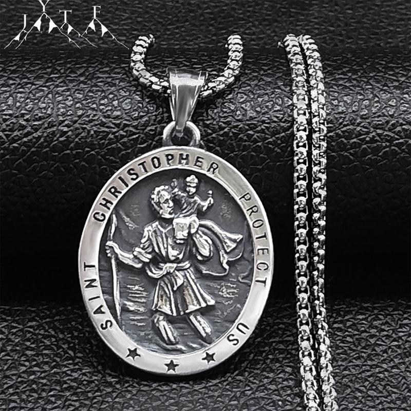 Saint Christopher Protect Us Cross Medal Necklace Stainless Steel Archangel Saints Protection Amulet Necklaces Jewelry NZZ303S05