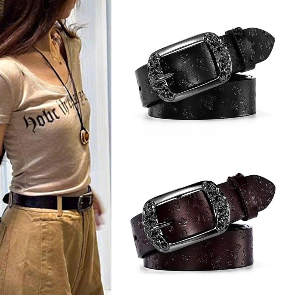 Alloy Pin Buckle Carved Waist Belt Harajuku Punk Waistband Fashion PU Leather Belt  For Women
