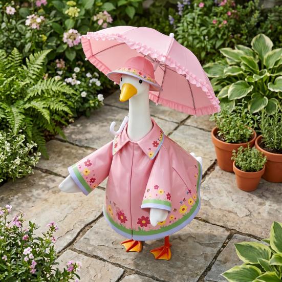1 Set Porch Goose Outfit Waterproof Goose Raincoat Hat And Umbrella Summer Goose Floral Costume Fits 23 Inch Lawn Goose Statue Outdoor Decor Garden
