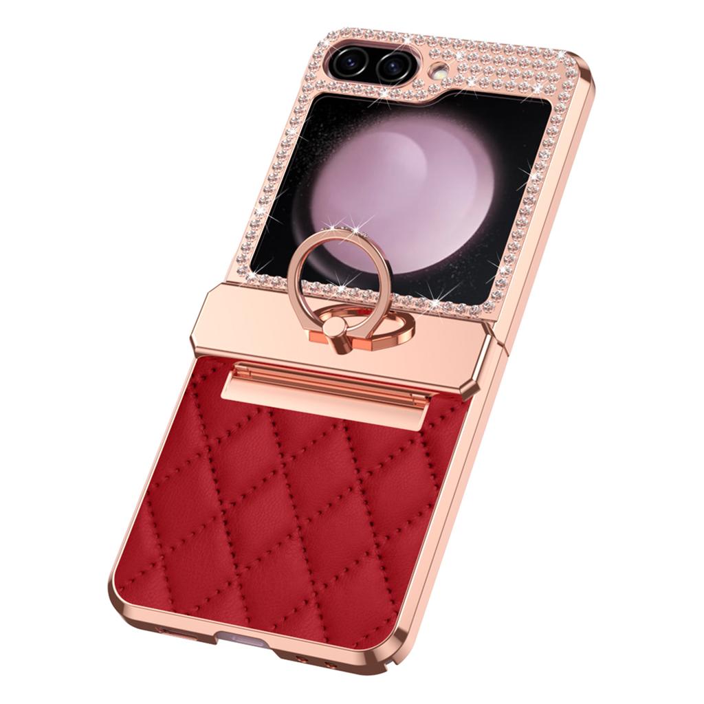 For Samsung Galaxy Z Flip5 5G Imprinted PU+PC Phone Case Rhinestone Decorated Ring Kickstand Phone Cover