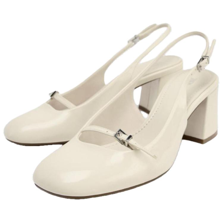 Zara Vintage Round Toe Buckle Decor Open Back Chunky Heels 7cm Women Heels White 12802510001