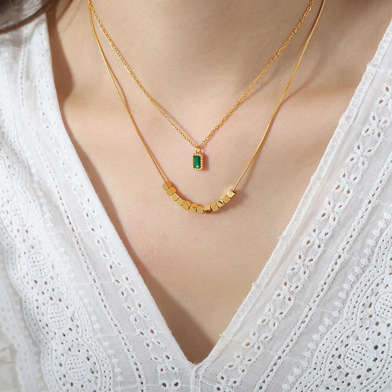 18K Gold Double Layer French Pendant Necklace - Titanium Steel Clavicle Chain