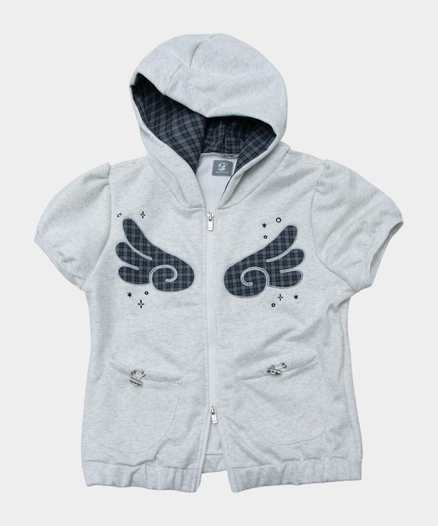 Some Place Angel Hoodie Check Contrast Detail Pocket Drawstring Puff Short Sleeve Zip-Up Hoodie [Baekmerange]