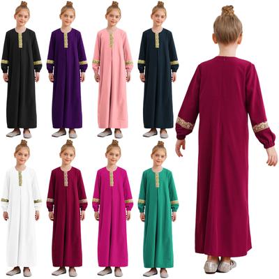 Dámske moslimské abaya šaty s okrúhlym výstrihom a dlhým rukávom, maxi dĺžka, na ramadánsku párty, maškarný ples, skromné oblečenie