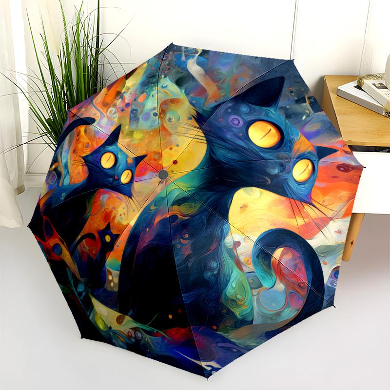 0106 Colorful Cat pattern, automatic folding umbrella, portable and foldable design, 8 ribs, a Christmas or birthday gift.