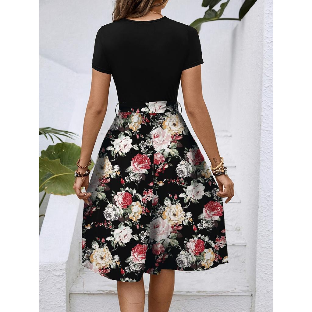 Dámské módní retro vzorované tištěné barevně blokované šaty