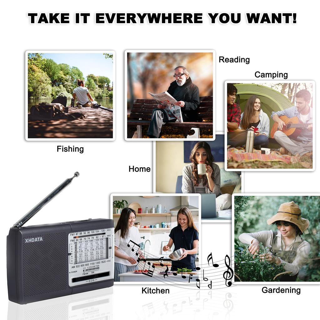 XHDATA D219 Portable Shortwave Wide FM Pocket AA Battery Emergency Easy Horizontal Japanese Instruction Manual Gray Radio, Compact, FM, AM, SW,