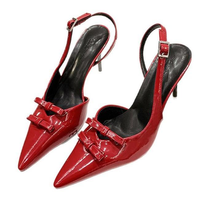 ZA Damenschuhe 2025 Frühherbst neu Französischrot spitz Schleife High Heel Sandalen Damen dünner Absatz Tasche Kopf hinten leer