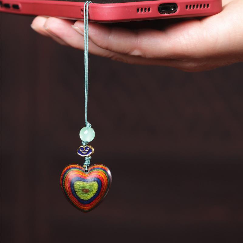 Heart-Shaped Red Sandalwood Wooden Phone Charm Keychain Ornament