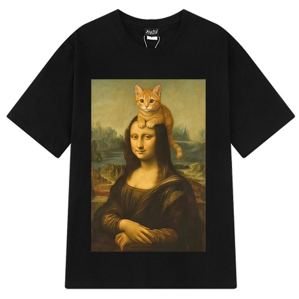 

Cat Mona Lisa with Cat Funny Meme T Shirt Men Women Shortsleeved Cotton Harajuku Casual Oversized Tshirts Streetwear Tees S